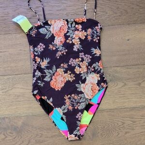 Maaji Floral And Neon Pattern One Piece Swimsuit - Purple and Pink Nwt